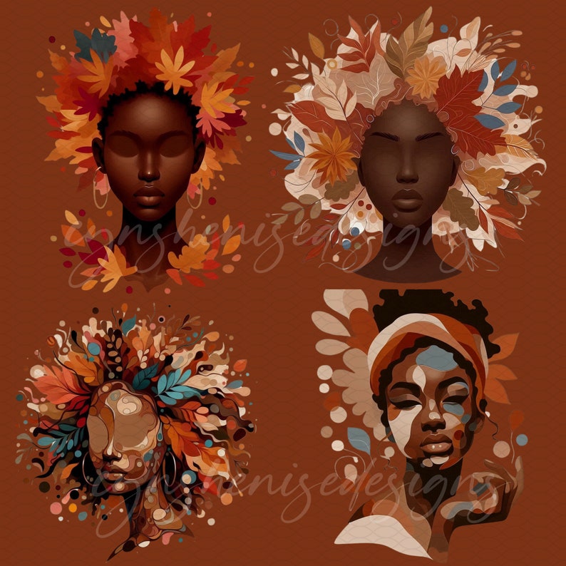 May include: Four digital illustrations of women with autumn leaves in their hair. The women have brown skin and are depicted with different hairstyles and expressions. The background is a solid brown color.