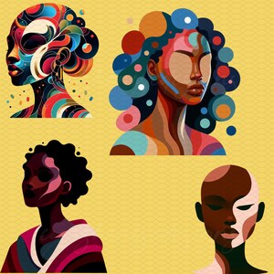 May include: Four abstract digital art portraits of people with colorful geometric patterns and designs. The portraits are in a variety of colors, including blue, green, red, yellow, and black.