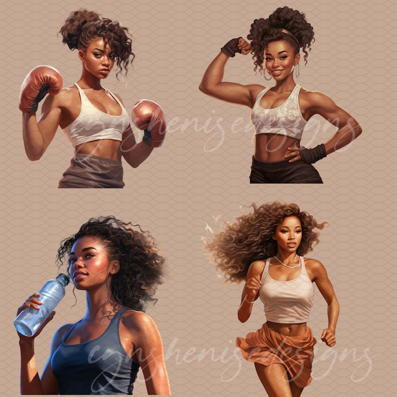 May include: Four digital illustrations of women in different athletic poses. The first woman is wearing boxing gloves and a white tank top. The second woman is flexing her bicep and wearing a white tank top. The third woman is drinking from a water bottle and wearing a blue tank top. The fourth woman is running and wearing a white tank top and orange skirt.