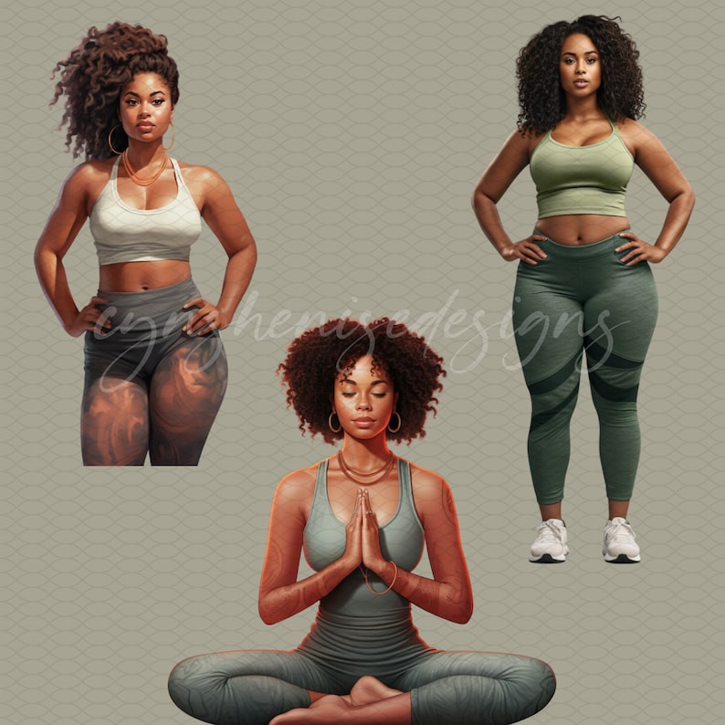 May include: Three women in athletic wear. One woman is wearing a white tank top and black leggings. Another woman is wearing a green tank top and black leggings. The third woman is wearing a green tank top and black leggings and is sitting in a yoga pose.