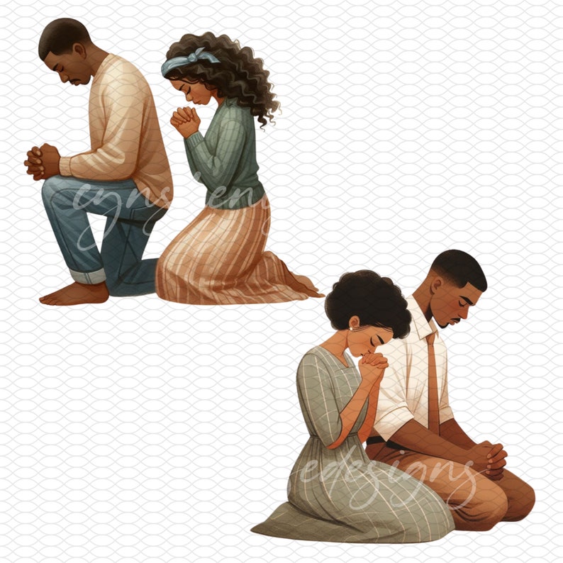 Puede incluir: Dos parejas arrodilladas en oraci&oacute;n con las manos juntas. Las mujeres visten vestidos y los hombres camisas y pantalones. El fondo es un patr&oacute;n blanco y gris.