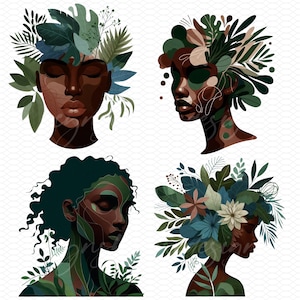 May include: Four digital illustrations of women's faces with leafy green and floral designs around their heads. The women have dark skin and are depicted in profile.