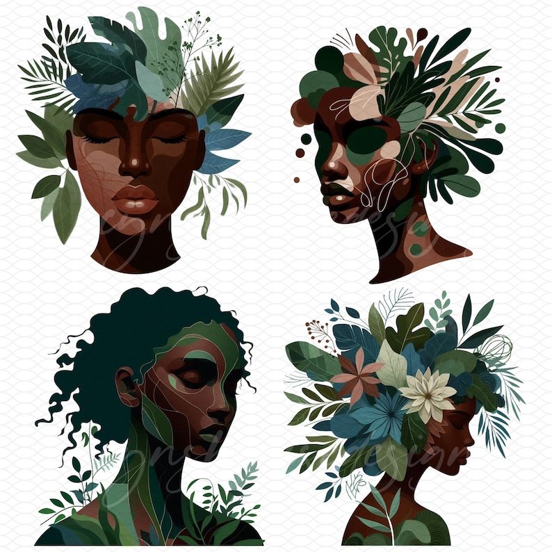 May include: Four digital illustrations of women's faces with leafy green and floral designs around their heads. The women have dark skin and are depicted in profile.