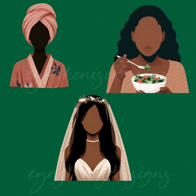 K&ouml;nnte beinhalten: Drei Illustrationen von Frauen mit verschiedenen Frisuren und Outfits. Die Frau links tr&auml;gt einen rosa Turban und ein rosa Gewand. Die Frau in der Mitte tr&auml;gt einen wei&szlig;en Schleier und ein wei&szlig;es Kleid. Die Frau rechts tr&auml;gt ein braunes Oberteil und h&auml;lt eine Sch&uuml;ssel Salat.