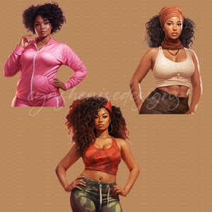 May include: Three women with curly hair are wearing different outfits. The woman on the left is wearing a pink tracksuit. The woman in the middle is wearing a red tank top and camouflage pants. The woman on the right is wearing a white tank top and black pants.