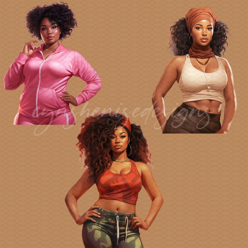 May include: Three women with curly hair are wearing different outfits. The woman on the left is wearing a pink tracksuit. The woman in the middle is wearing a red tank top and camouflage pants. The woman on the right is wearing a white tank top and black pants.