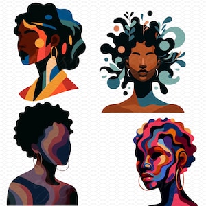 May include: Four abstract portraits of women with colorful, geometric patterns on their faces and bodies. Each portrait has a unique hairstyle and color scheme.