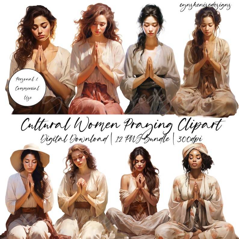 May include: A digital clipart bundle of 12 images featuring women of different cultures praying. The women are depicted in various poses with their hands clasped in prayer. The images are high-resolution and perfect for use in digital projects.