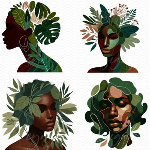 May include: Four digital illustrations of women's faces with green foliage surrounding them. Each illustration features a different woman with a unique hairstyle and facial features. The background is a white and gray pattern.
