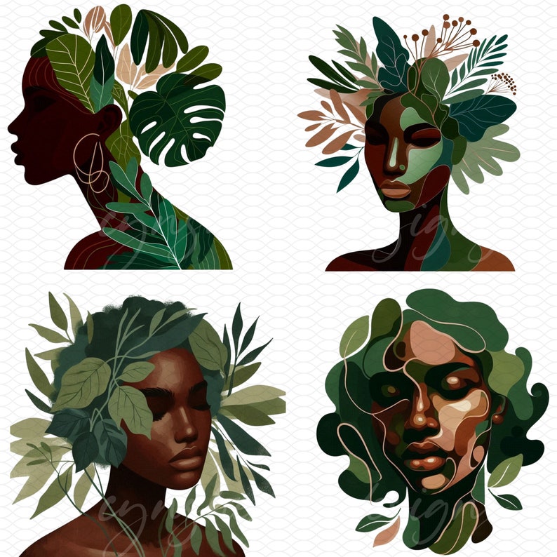May include: Four digital illustrations of women's faces with green foliage surrounding them. Each illustration features a different woman with a unique hairstyle and facial features. The background is a white and gray pattern.