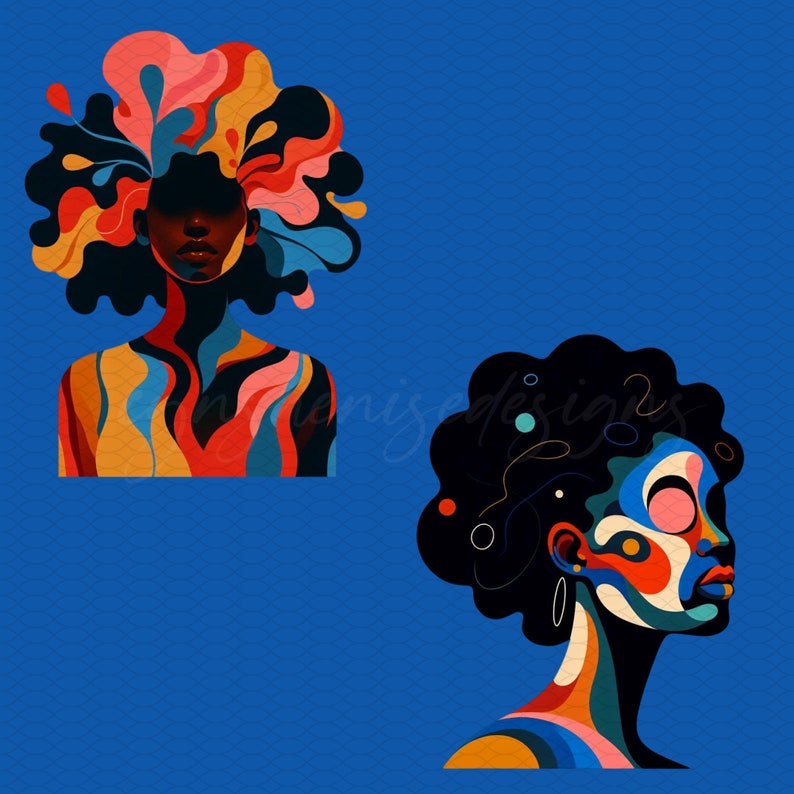 May include: Two abstract digital illustrations of women with colorful, swirling patterns on their faces and bodies. The first woman has a pink, yellow, and blue hair-like design. The second woman has a black and white hair-like design.
