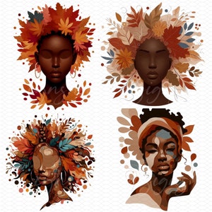 May include: Four digital illustrations of women with autumn leaves in their hair. The women have brown skin and are depicted in different poses. The leaves are in shades of orange, brown, and red.
