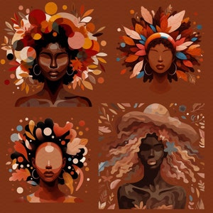 May include: Four digital illustrations of women with different hairstyles and floral accents. Each woman has brown skin and is depicted with a neutral expression. The background is a solid brown color.