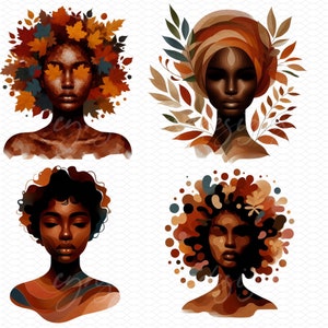 May include: Four digital illustrations of women with different hairstyles and autumnal colors. Each woman has brown skin and is depicted with a unique style of hair and clothing.