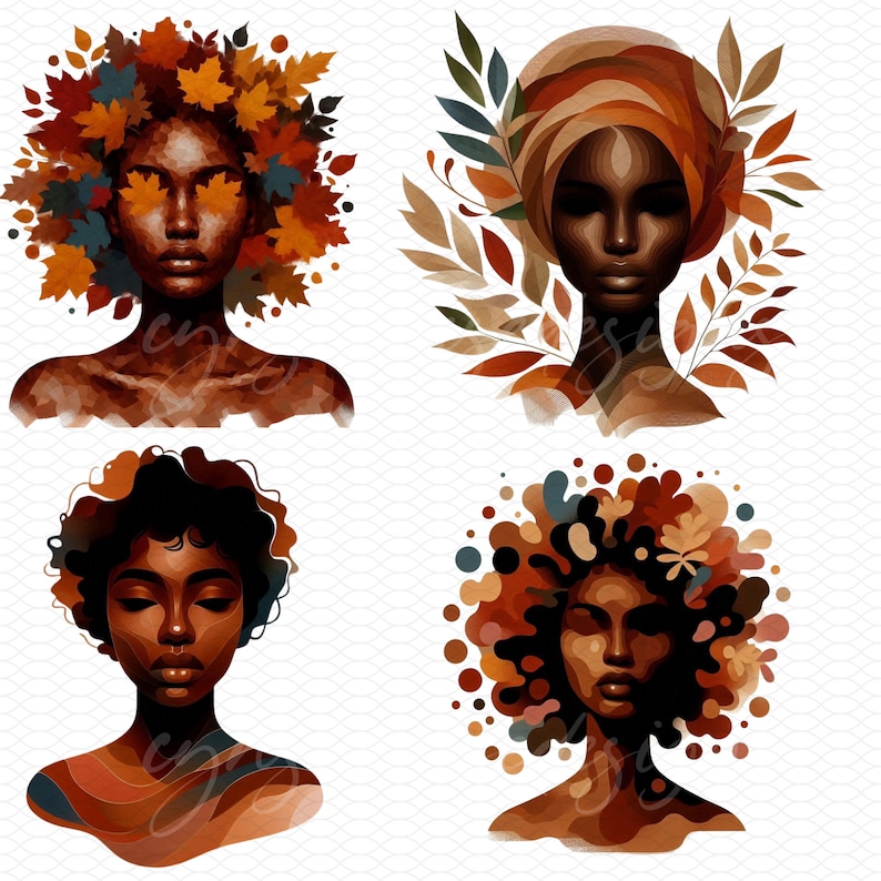 May include: Four digital illustrations of women with different hairstyles and autumnal colors. Each woman has brown skin and is depicted with a unique style of hair and clothing.