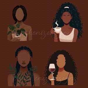 K&ouml;nnte beinhalten: Vier digitale Illustrationen von Frauen mit verschiedenen Frisuren und Hautt&ouml;nen. Jede Frau h&auml;lt ein anderes Objekt: eine Topfpflanze, eine Tasse Kaffee, ein Glas Wein und ein Glas Wasser. Der Hintergrund ist einfarbig braun.