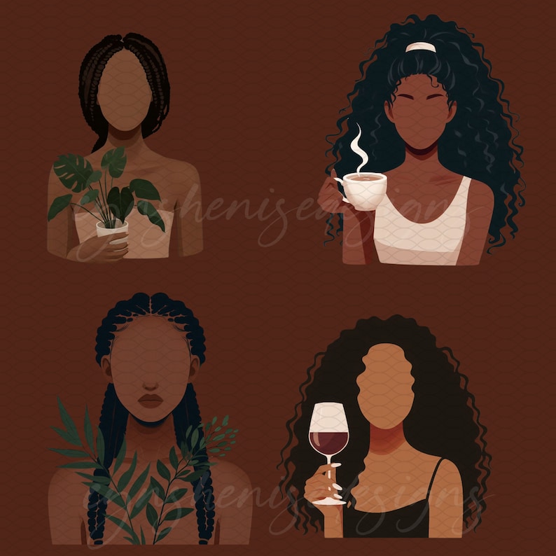 K&ouml;nnte beinhalten: Vier digitale Illustrationen von Frauen mit verschiedenen Frisuren und Hautt&ouml;nen. Jede Frau h&auml;lt ein anderes Objekt: eine Topfpflanze, eine Tasse Kaffee, ein Glas Wein und ein Glas Wasser. Der Hintergrund ist einfarbig braun.
