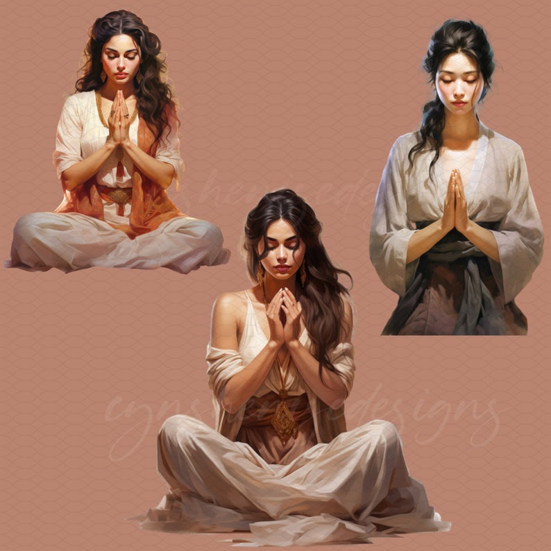 May include: Three women in different poses, all wearing long white dresses and praying with their hands clasped together. The women have long dark hair and are wearing jewelry. The background is a soft peach color.