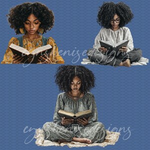 May include: Three illustrations of women reading books. The women have dark curly hair and are wearing different outfits. The background is a blue pattern.