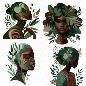 May include: Four digital illustrations of women's faces with green foliage and flowers surrounding them. The women have dark skin and are depicted in a stylized, abstract manner.