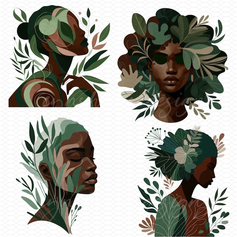 May include: Four digital illustrations of women's faces with green foliage and flowers surrounding them. The women have dark skin and are depicted in a stylized, abstract manner.