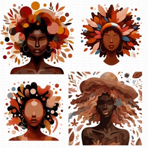 May include: Four digital illustrations of women with different hairstyles and floral accents. Each woman has brown skin and dark hair. The illustrations are in a minimalist style with a focus on the faces and hair.