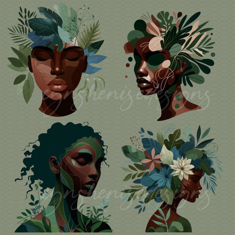 May include: Four digital illustrations of women with dark skin tones and leafy green floral crowns. The women are facing forward with their eyes closed. The background is a muted green.