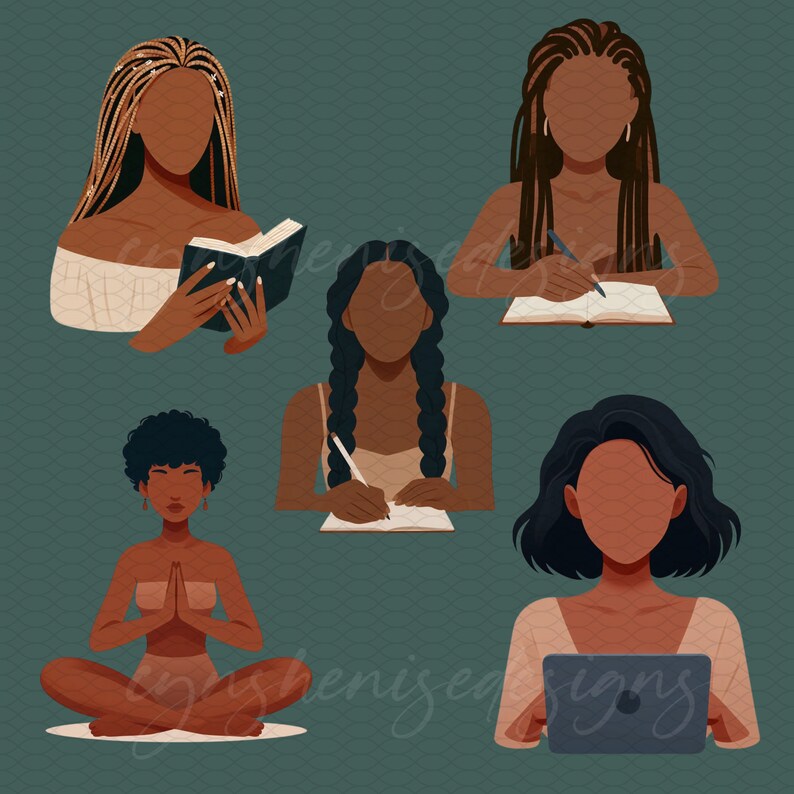 K&ouml;nnte beinhalten: Illustration von vier Frauen mit unterschiedlichen Haarstilen. Jede Frau ist mit einer anderen Aktivit&auml;t besch&auml;ftigt: Lesen eines Buches, Schreiben in ein Tagebuch, Schreiben in ein Notizbuch und Verwenden eines Tablets. Der Hintergrund ist blaugr&uuml;n mit einem geometrischen Muster.