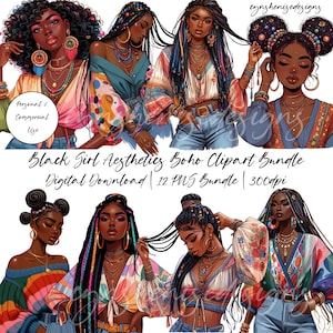 May include: A digital clipart bundle of 12 illustrations featuring Black girls with colorful bohemian hairstyles and clothing. The girls are wearing various outfits, including floral tops, denim shorts, and colorful jewelry. The illustrations are in a cartoon style and have a bright and cheerful aesthetic.