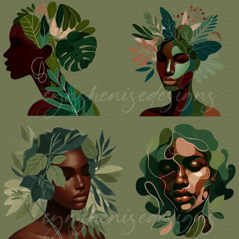 May include: Four digital illustrations of women's faces with green foliage surrounding them. Each woman has a different hairstyle and facial features. The background is a muted green.