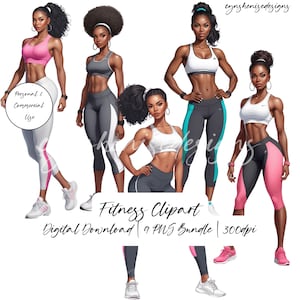 Images de remise en forme pour femme noire, PNG, autocollants fille noire, salle de sport, exercice, entraînement, objectifs de remise en forme, pour agenda, pour journal, téléchargement numérique
