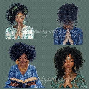 May include: Four digital illustrations of women with dark curly hair, wearing blue dresses and praying with their hands clasped together. The background is a teal color with a subtle pattern.