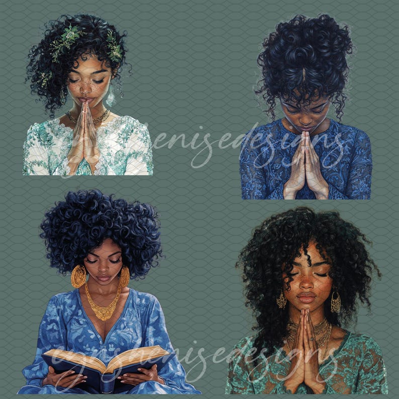 May include: Four digital illustrations of women with dark curly hair, wearing blue dresses and praying with their hands clasped together. The background is a teal color with a subtle pattern.