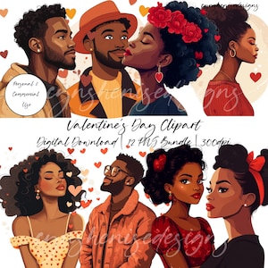 May include: A digital clipart set of 12 illustrations featuring Black couples in various poses. The illustrations are in a cartoon style and feature bright colors. The text "Valentine's Day Clipart" is included in the image.