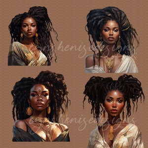 May include: Four digital illustrations of women with dark brown skin and long, dark brown dreadlocks. Each woman is wearing gold jewellery, including necklaces, earrings, and bracelets. The women are looking directly at the viewer.