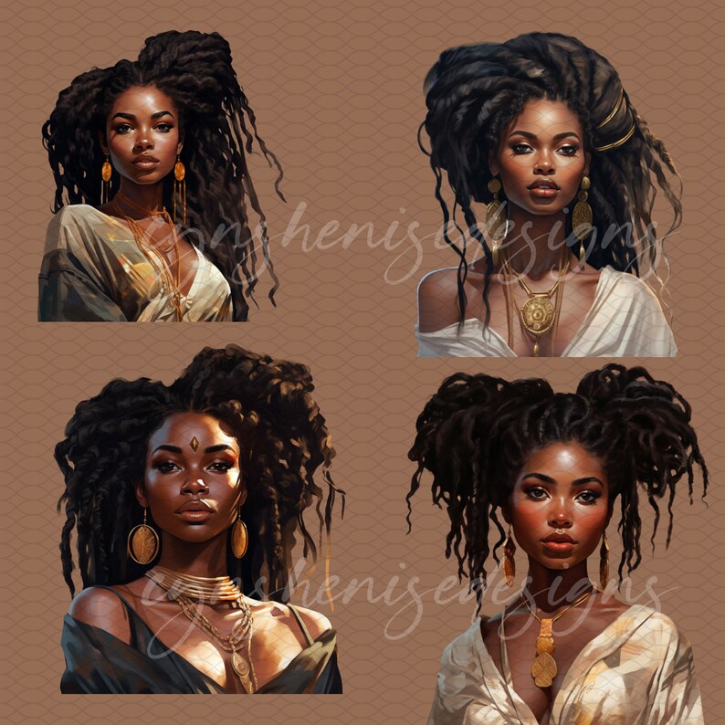 May include: Four digital illustrations of women with dark brown skin and long, dark brown dreadlocks. Each woman is wearing gold jewellery, including necklaces, earrings, and bracelets. The women are looking directly at the viewer.