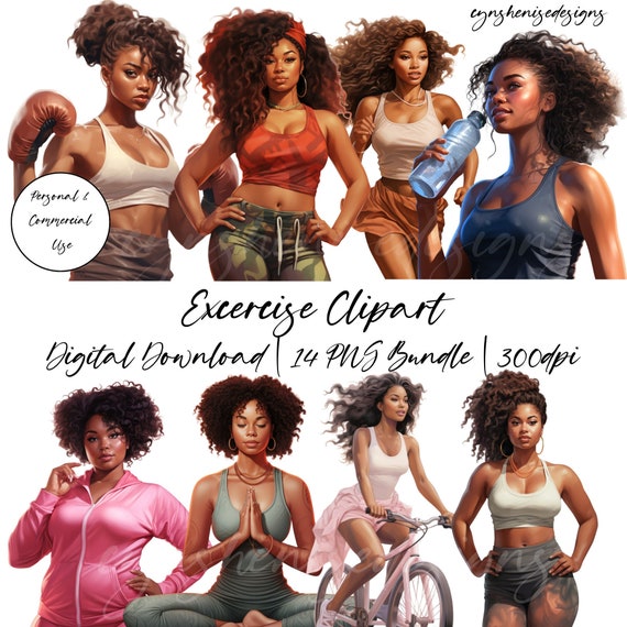 Self Care Exercise Clipart PNG, Black Girl Clipart PNG, Black Woman Clipart, Black Girl Magic, Fitness Clipart for Planner, Digital Stickers