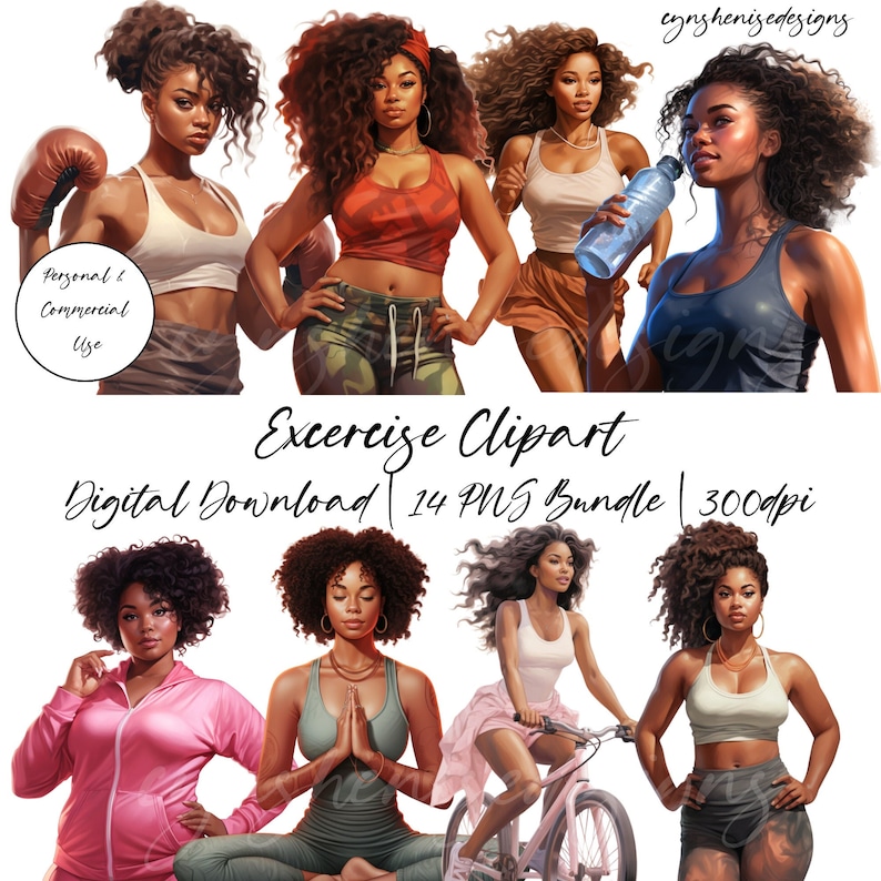May include: Digital clipart set of 14 images featuring a woman with curly hair in various exercise poses. The images include boxing, running, cycling, yoga, and drinking water. The images are in PNG format and are 300dpi.