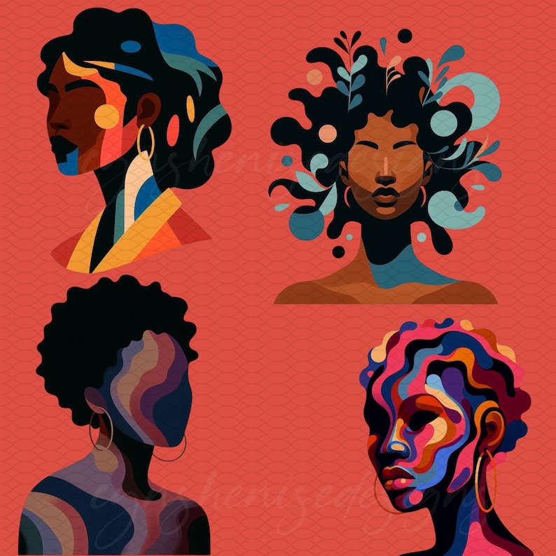 May include: Four abstract portraits of women with colorful, geometric patterns on their faces and bodies. The women have different hairstyles and are set against a red background.