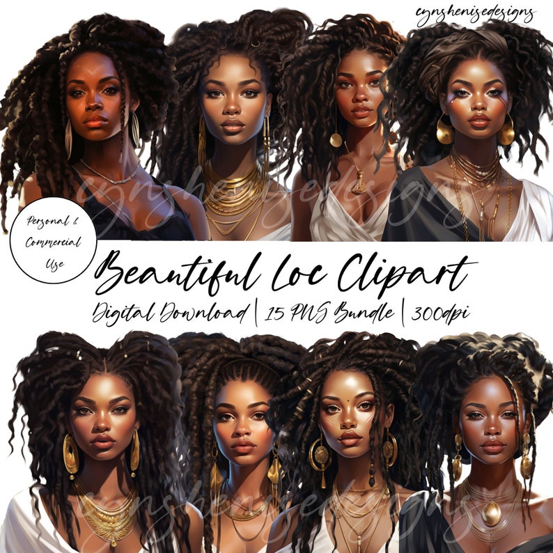 May include: Digital clipart bundle of 15 images featuring women with locs wearing gold jewellery. The women have different hairstyles and expressions. The images are 300 dpi and are for personal and commercial use.