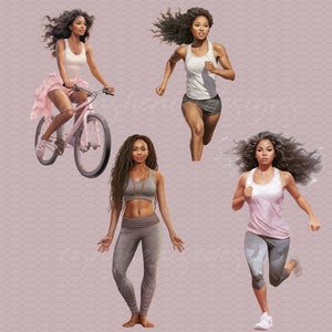 May include: Four women are shown in a collage. One woman is riding a bicycle, another is running, another is doing yoga, and the last woman is running. All women have long dark hair and are wearing athletic wear.