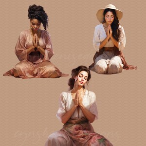May include: Three women are sitting in a prayerful pose, each wearing a different outfit. The woman on the left is wearing a pink robe, the woman in the middle is wearing a white dress, and the woman on the right is wearing a white dress with a straw hat.