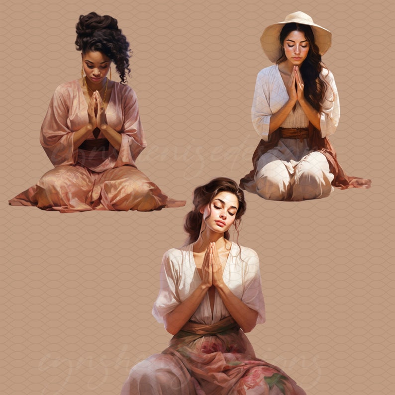 May include: Three women are sitting in a prayerful pose, each wearing a different outfit. The woman on the left is wearing a pink robe, the woman in the middle is wearing a white dress, and the woman on the right is wearing a white dress with a straw hat.