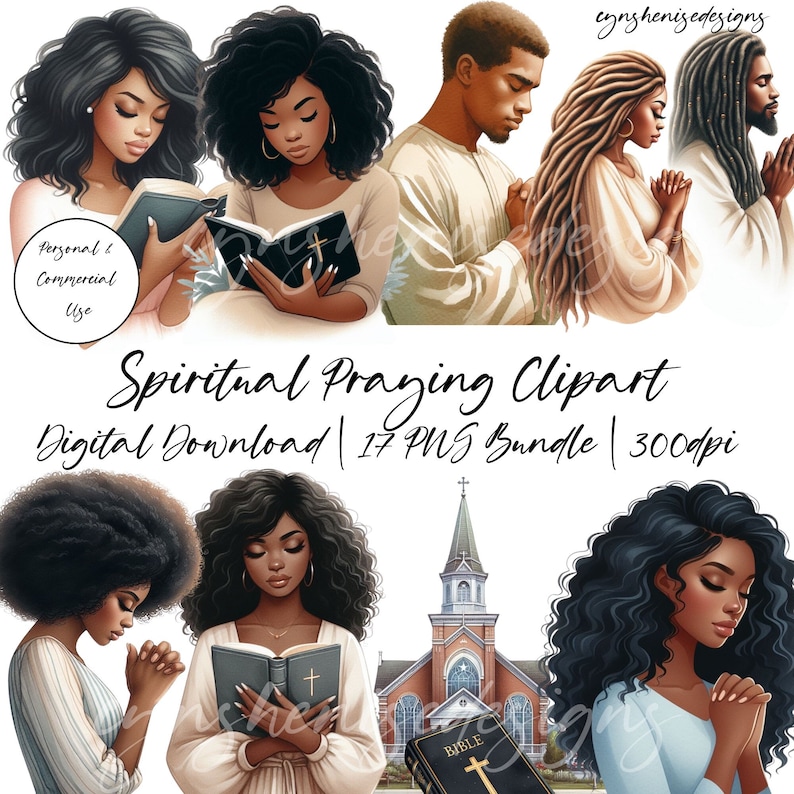Puede incluir: Conjunto de 17 im&aacute;genes predise&ntilde;adas digitales de personas rezando, incluyendo mujeres y hombres negros, con un edificio de iglesia y una biblia. Las im&aacute;genes predise&ntilde;adas est&aacute;n en estilo de dibujos animados y son perfectas para proyectos digitales.