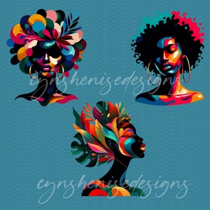 May include: Three digital illustrations of women with colorful abstract hair and faces. The first woman has a colorful abstract hair design with a black face and gold earrings. The second woman has a black afro with a red and pink face and gold earrings. The third woman has a colorful abstract hair design with a black face and a side profile.