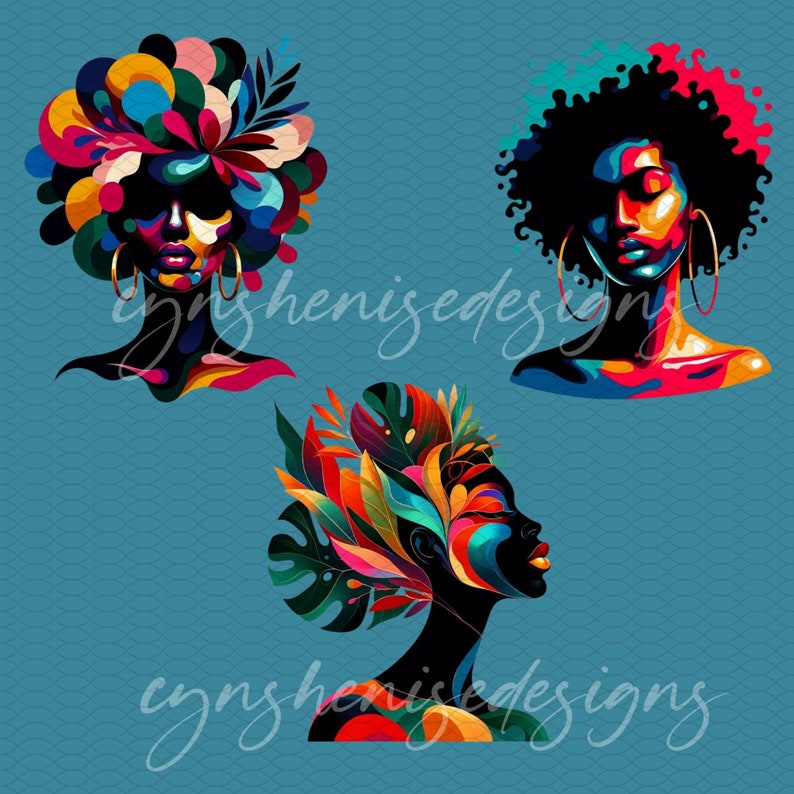May include: Three digital illustrations of women with colorful abstract hair and faces. The first woman has a colorful abstract hair design with a black face and gold earrings. The second woman has a black afro with a red and pink face and gold earrings. The third woman has a colorful abstract hair design with a black face and a side profile.