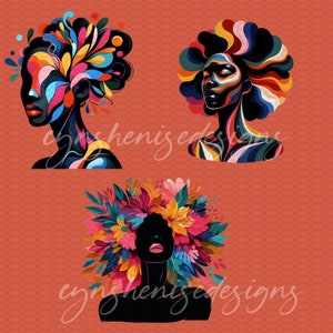 May include: Three digital illustrations of women with colorful hair and floral designs. The women are depicted with black skin and are facing forward. The background is a solid orange color.