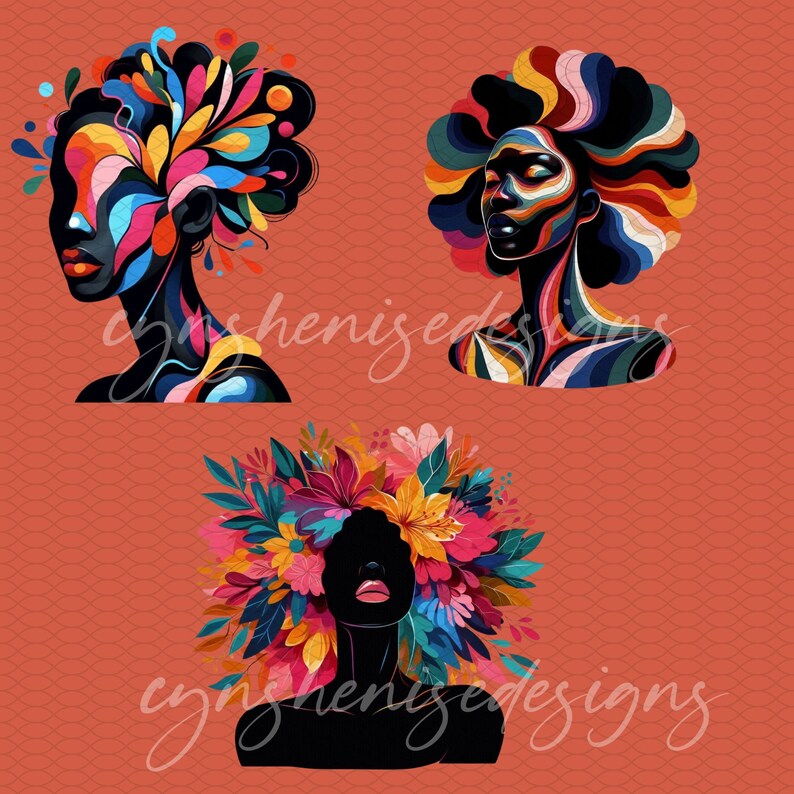 May include: Three digital illustrations of women with colorful hair and floral designs. The women are depicted with black skin and are facing forward. The background is a solid orange color.