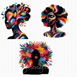 May include: Three digital illustrations of women with colorful hair and floral designs. The first woman has a blue, pink, and green floral design in her hair. The second woman has a rainbow-colored hair design. The third woman has a floral design in her hair with pink, yellow, and blue flowers.