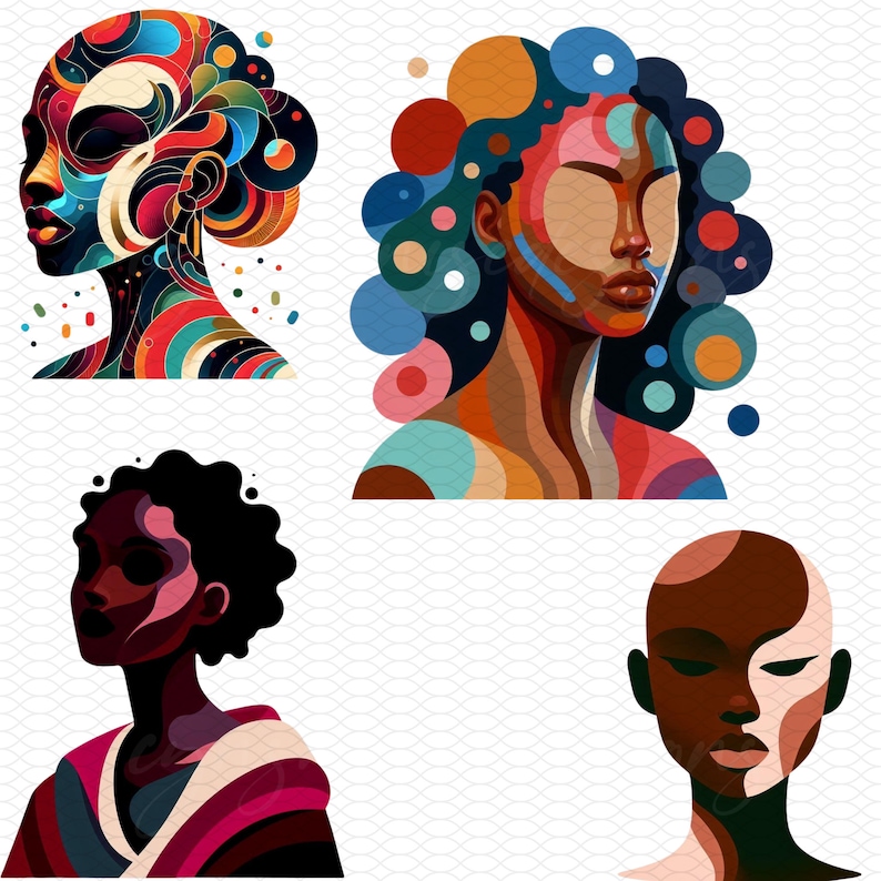 May include: Three abstract portraits of people with colorful geometric patterns and designs. The portraits are in a modern art style.